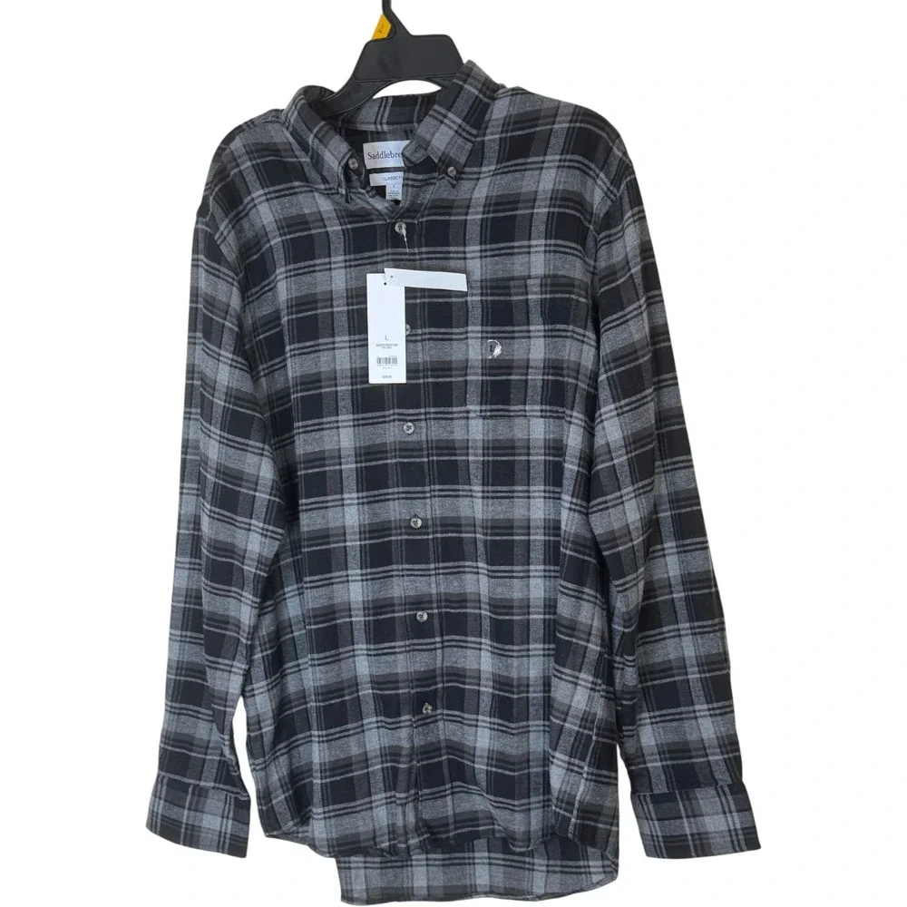 Saddlebred Classic Fit Plaid Flannel Shirt Womens Large Fog Grey Button Down NWT - Picture 2 of 8